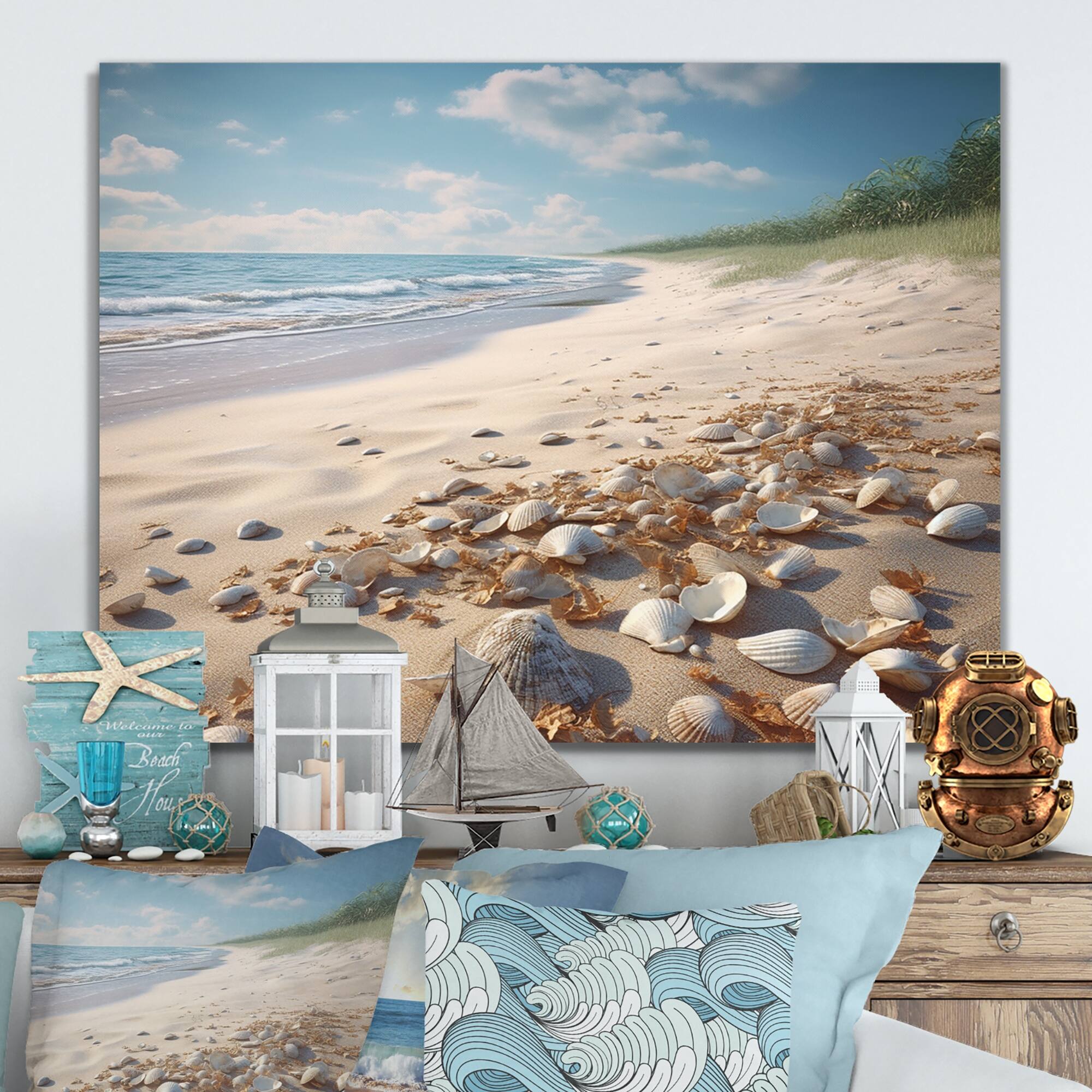 Designart "Seaside Seashell Treasures II" Modern Landscape Beach Metal Wall Art Bed Bath
